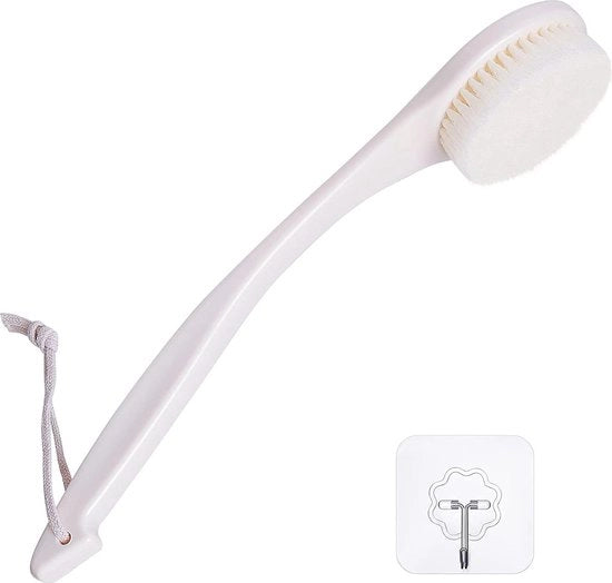 Spazzola per la doccia con manico lungo - Setole morbide - Ritorno scrubber - Curvo ergonomico - Exfoliante body scrubber con gancio e lanyard - Cremo bianco