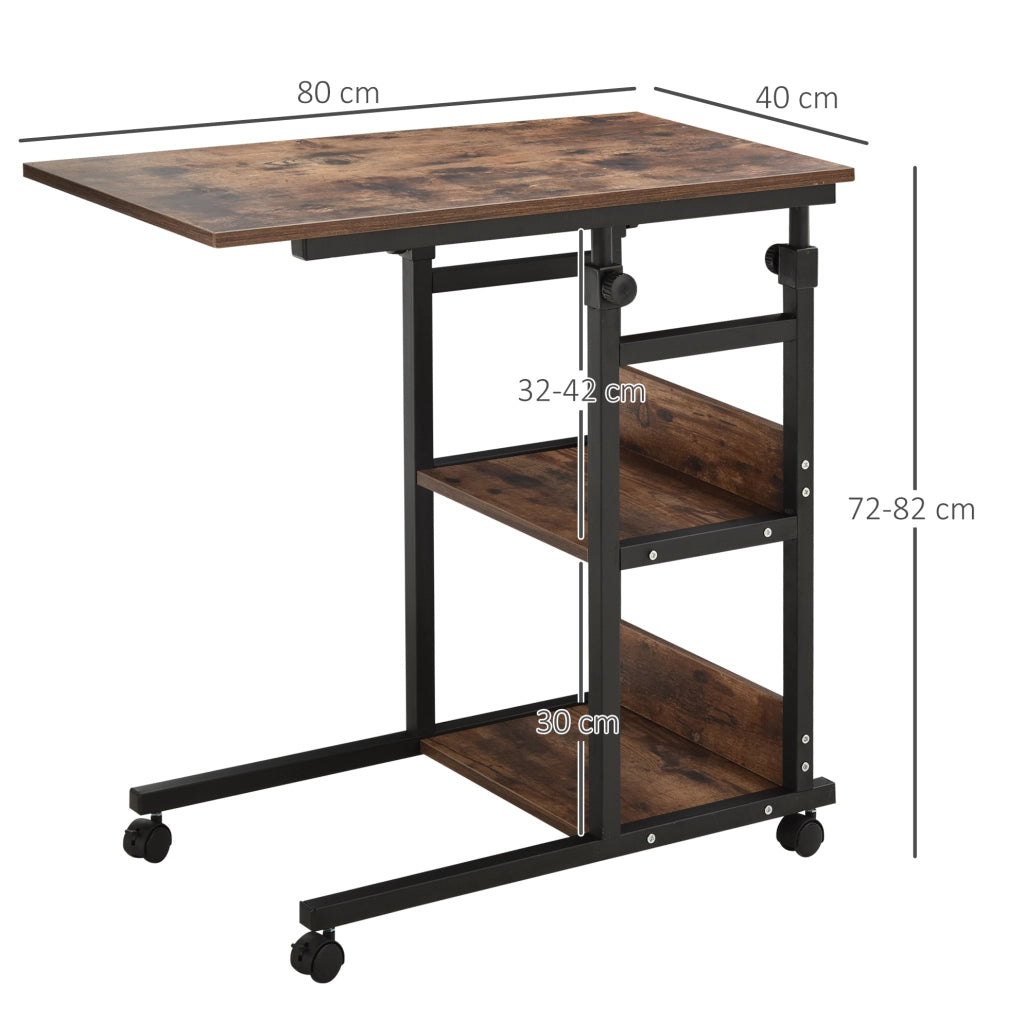 Tavolino con ruote 80x40x72-82 cm regolabile in altezza con 2 ripiani in metallo marrone