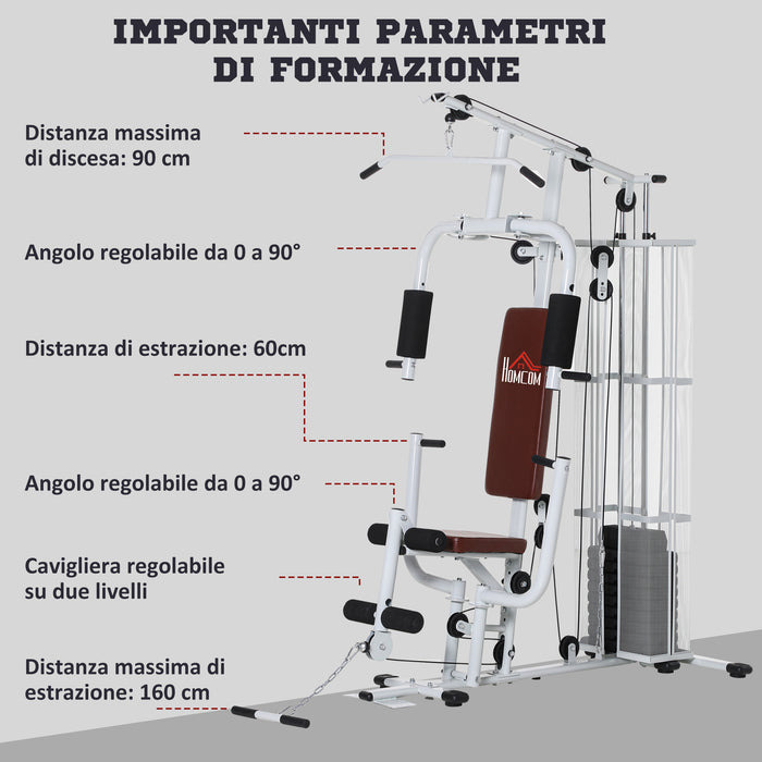 Stazione Fitness Multifunzione 150x110x210 cm in Acciaio e PU Bianco