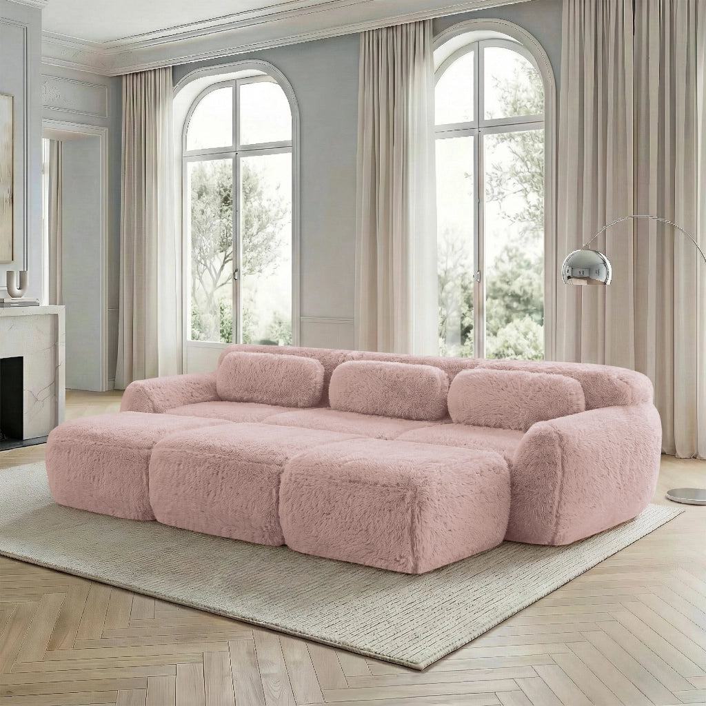 Divano modulare rosa - Zephmum - Tessuto morbido peluche, 3 posti con 3 pouf