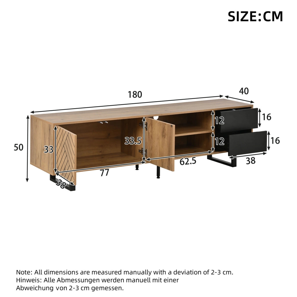 Mobile porta TV con 2 ante 2 cassetti e vani aperti per soggiorno in truciolare e metallo nero 180 × 40 × 50 cm