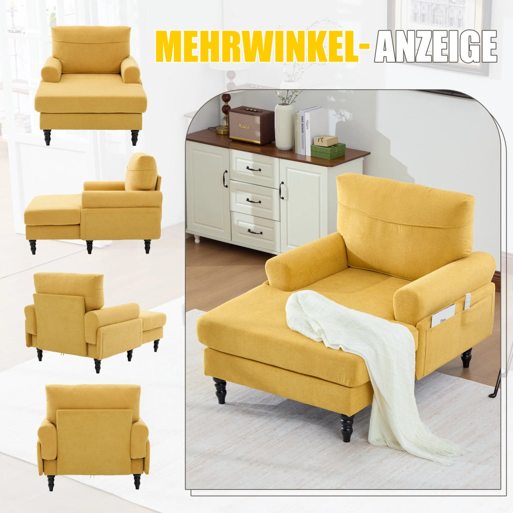 Poltrona chaise longue con Seduta Ampia, Tasche Laterali e Cuscini Sfoderabili, in Ciniglia Giallo Senape