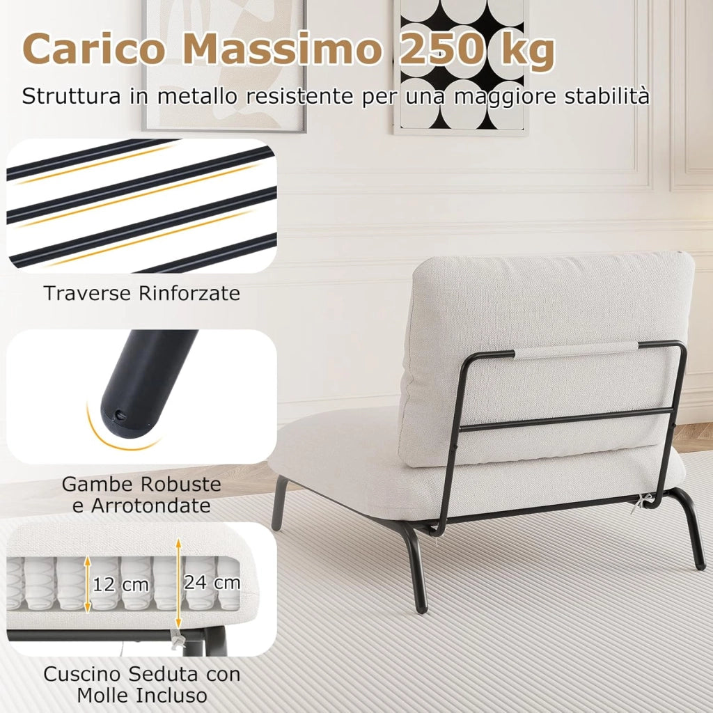 Sedia Relax, Sedia Soggiorno con Seduta Extra Larga, Tasca Portaoggetti, Poltrona con Struttura Metallica, Divano Pigro Moderno per Camera da Letto e Ufficio, Portata 250 kg (Beige)