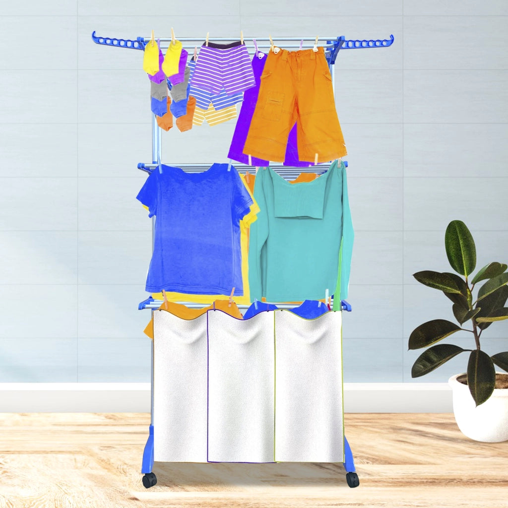 Stendibiancheria XXL Pieghevole Premium Slim Nyana Home | 4 Livelli | Barre in Acciaio | Supporti Laterali per Grucce | Gambe Pieghevoli | 4 Ruote con Freno | Blu