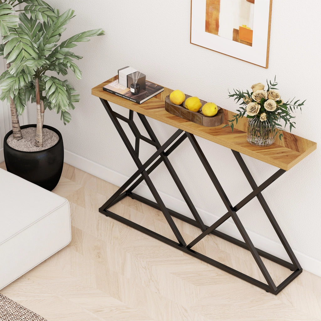 Tavolo consolle rustico base metallo geometrica 140cm lungo-Tavolo ingresso industriale retro divano corridoio soggiorno