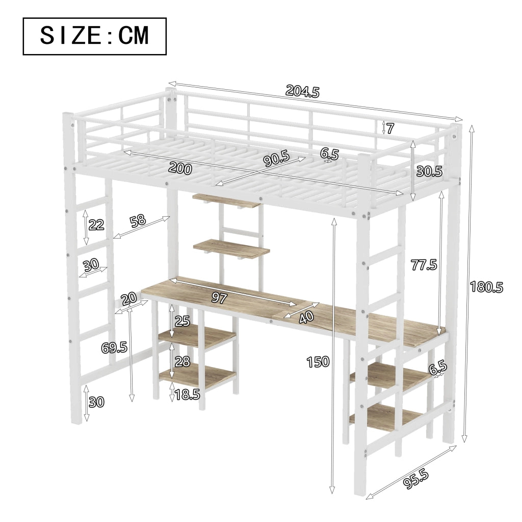 Letto a castello con tavolo e scaffali in ferro e MDF bianco 90x200 cm