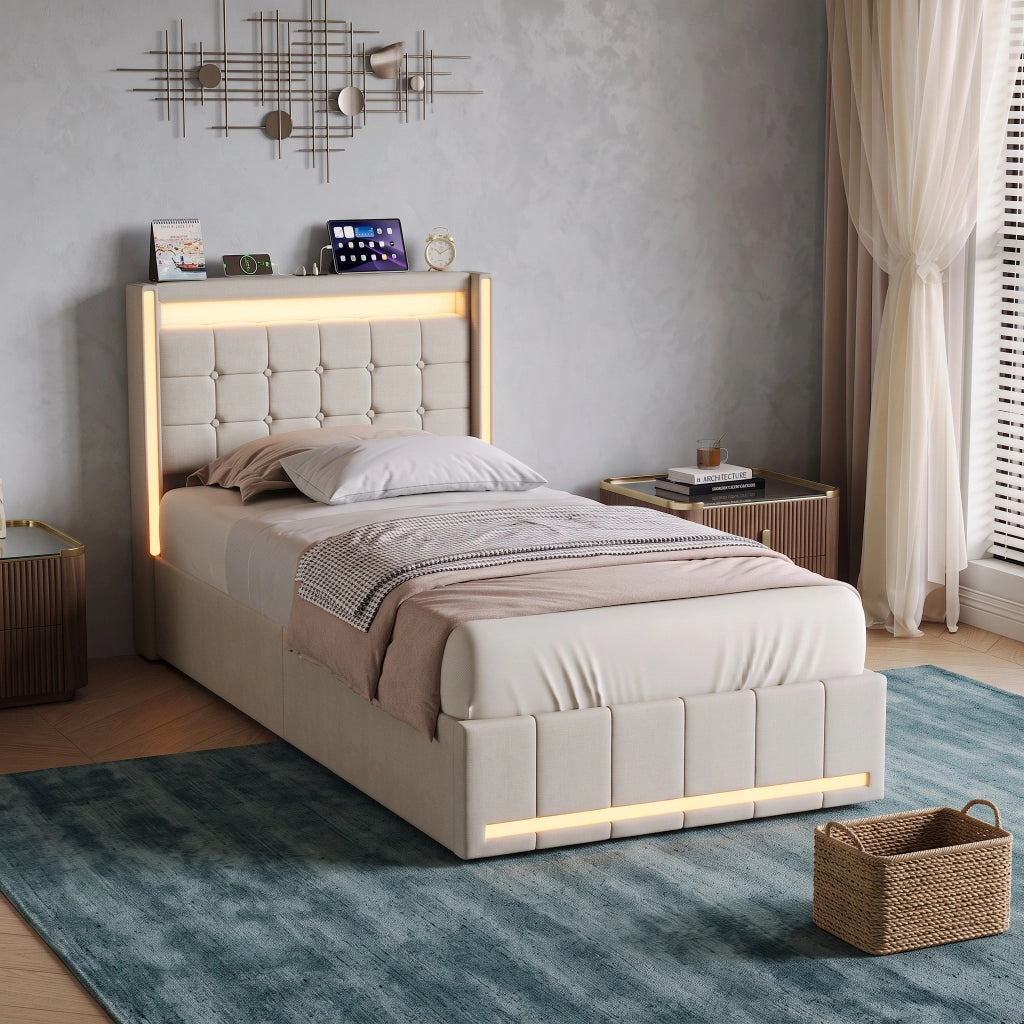 Letto singolo 90x200 cm con contenitore e LED  struttura letto con testiera e USB  letto contenitore in acciaio-beige