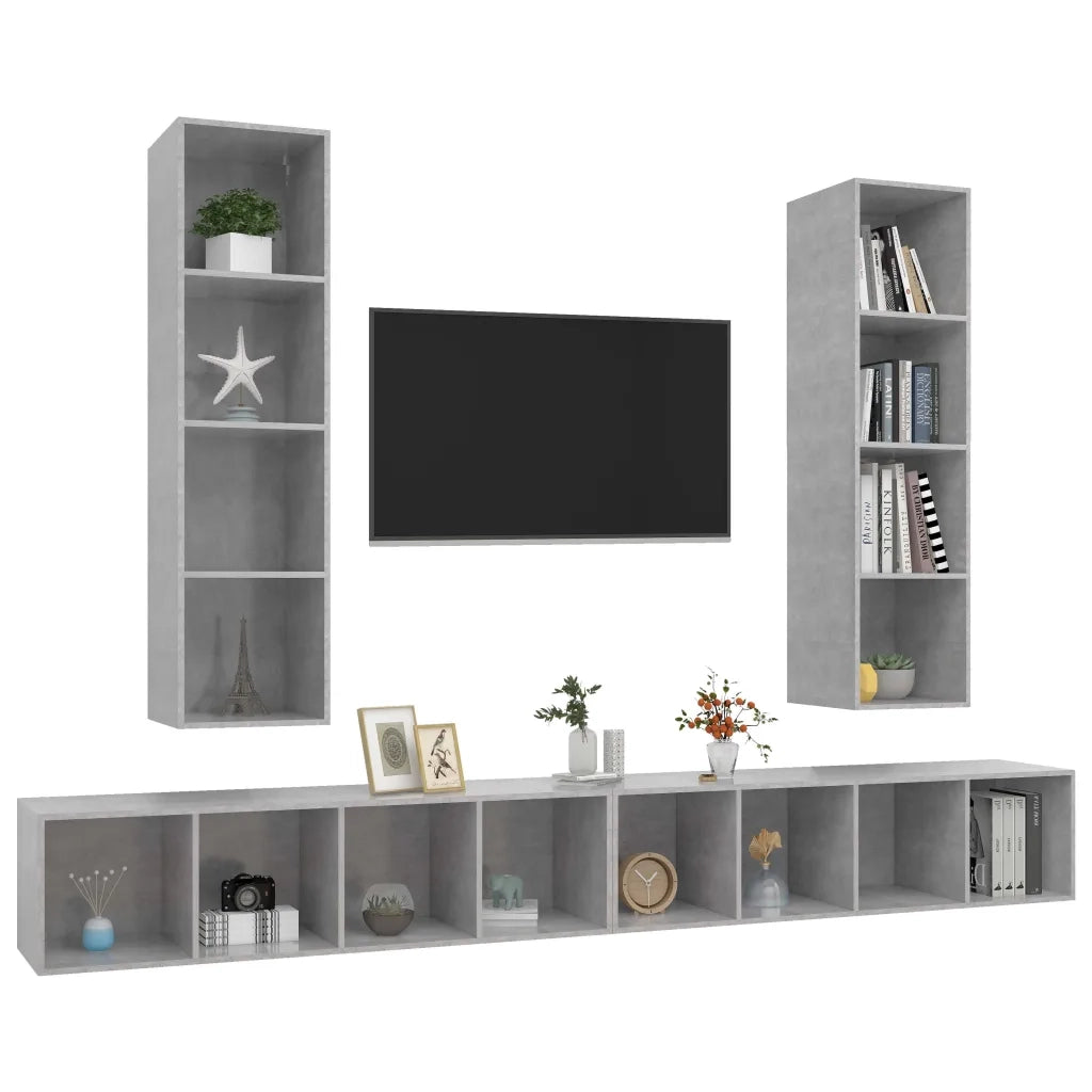 Mobile TV a Parete 4 pz Grigio Cemento in Truciolato