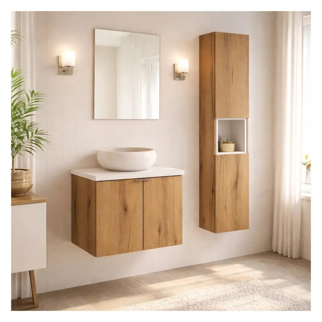 Set VANO aspetto quercia e bianco 90cm: mobile sotto lavabo con armadietti + piano per lavabo + lavabo da appoggio rotondo + colonna