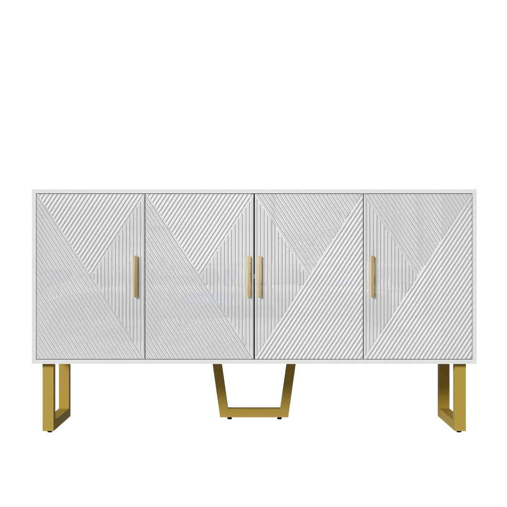 Credenza moderna di lusso con 4 ante, ripiani regolabili, porte lucide strutturate e dettagli oro, bianca 150 × 40 × 82 cm
