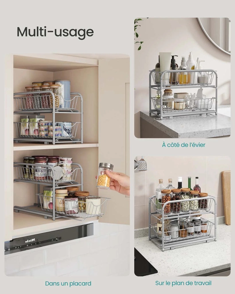 Organizer da cucina scaffale sottolavello 2 cestelli scorrevoli impilabili per riporre in armadio sottolavabo con cassetti per cucina bagno argento 12_0006637