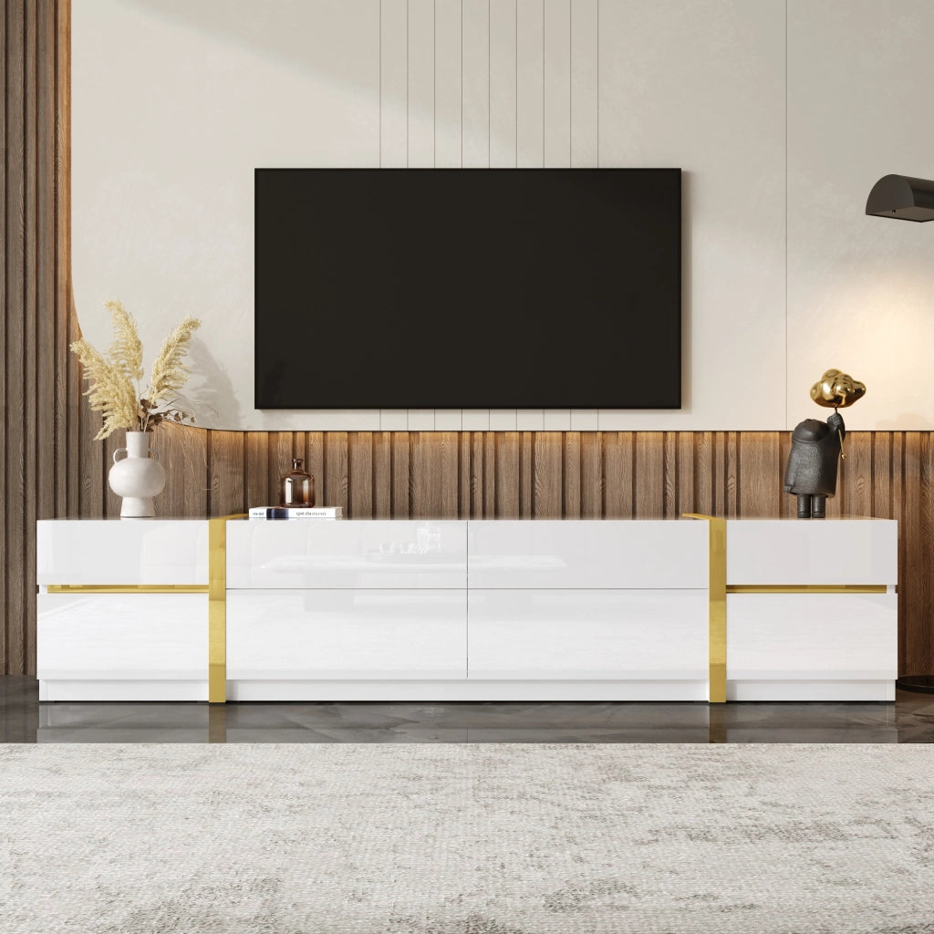 Mobile TV lucido, 4 cassetti, decorazioni a strisce dorate, bianco