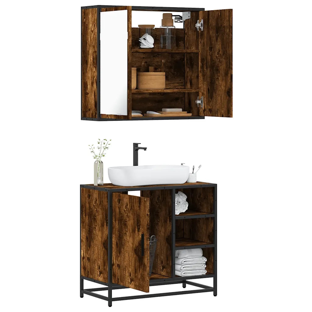 Set Mobili da Bagno 2 pz Rovere Fumo in Legno Multistrato