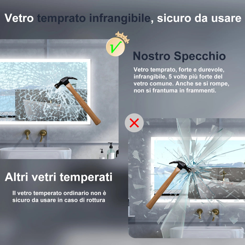 Specchio da bagno Rettangolare con 100x60cm,3 colori,Memoria, Antifog,Regorabile,Retroilluminato,doppio interruttore,