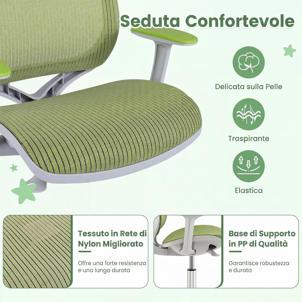 Sedia da Scrivania Girevole per Bambini (Verde,Ruote Ordinarie) | con Altezza Regolabile, 5 Ruote, Braccioli Morbidi, Mobile Ergonomica per Bambini 6-15 Anni