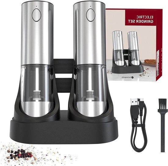 Molitore elettrico di sale e pepe in acciaio inossidabile set 2 modalità di regolazione di coarseness illuminazione a LED stazione di ricarica contenitore grande 95 ml
