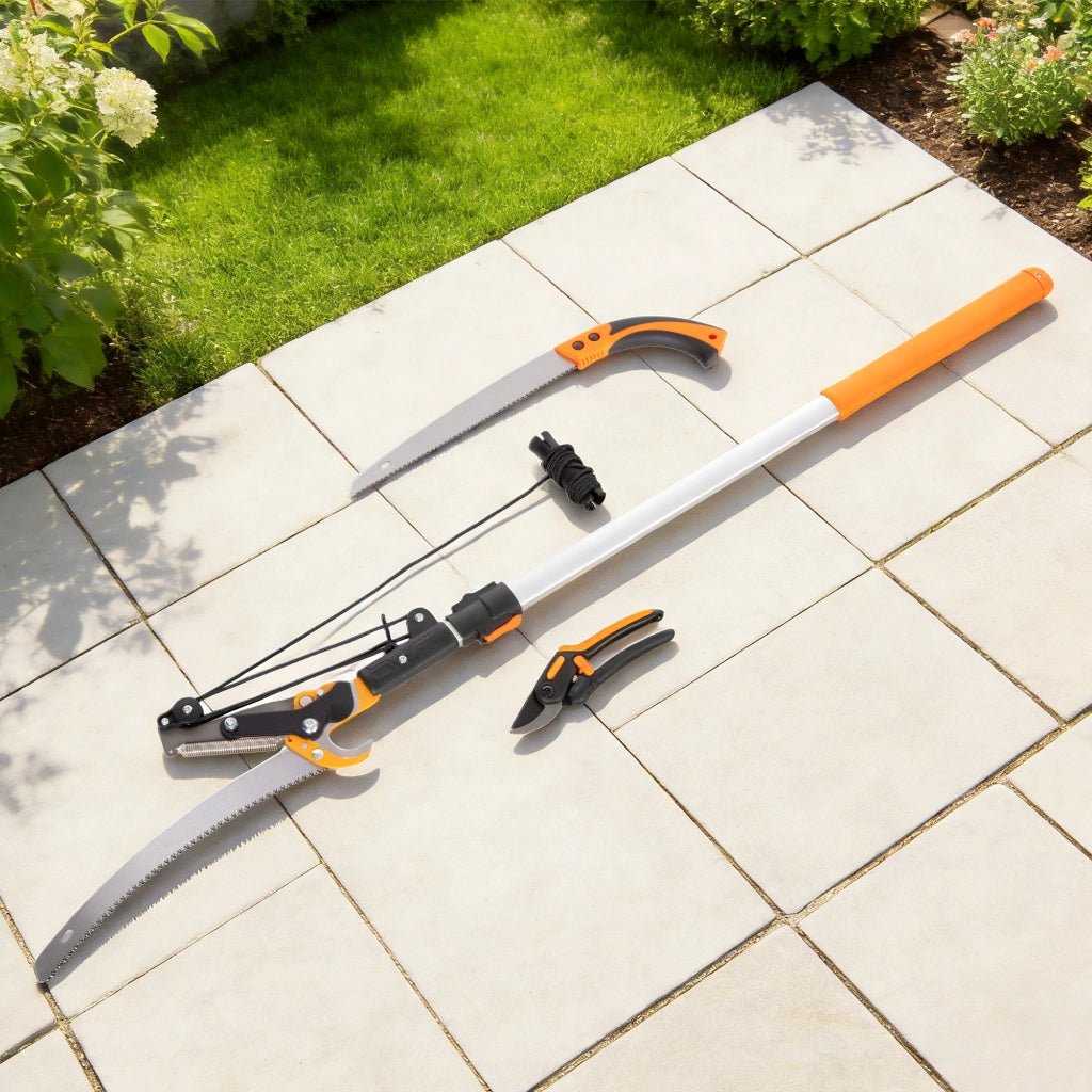 Seghetto Manuale 2-in-1 con Asta Telescopica in Alluminio da 2-3 m, Sega da Potatura e Cesoie con Blocco di Sicurezza
