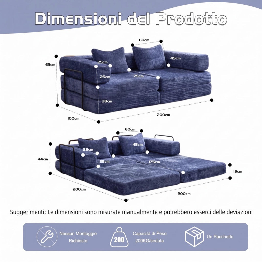 Divano compatto, divano letto pieghevole, moduli senza struttura, tessuto chenille, blu scuro