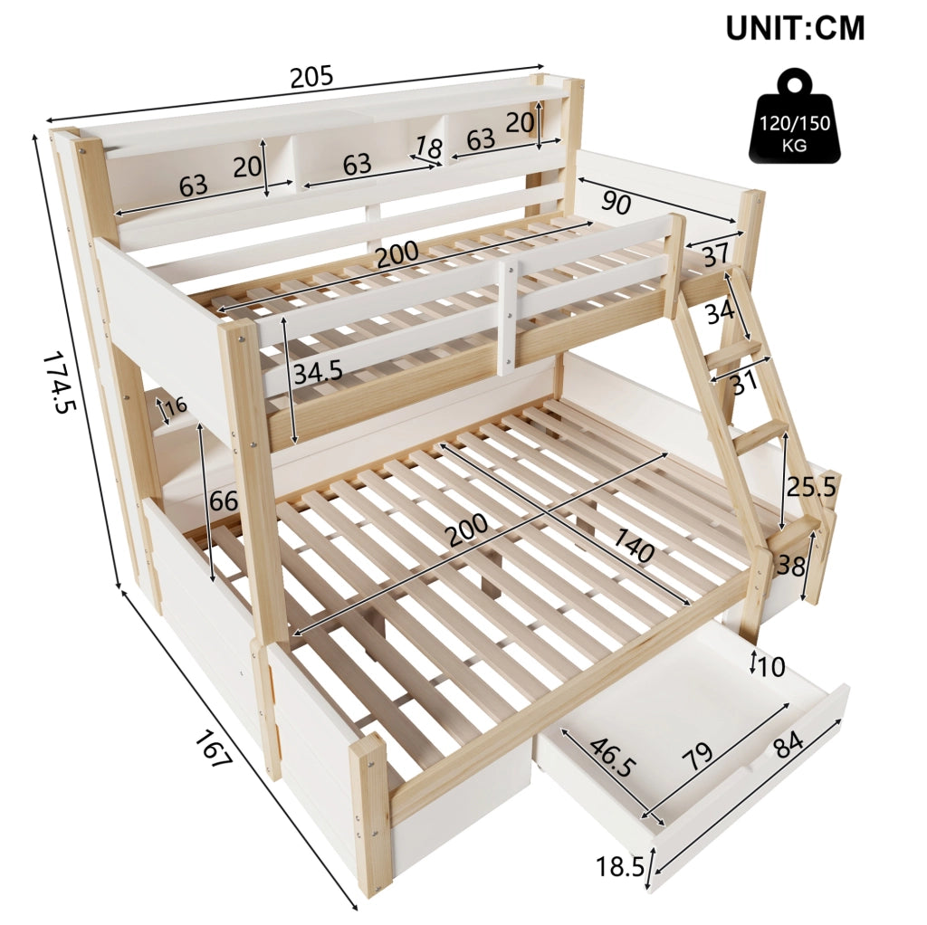 Letto a castello per bambini 90x200 cm + 140x200 cm in pino; bianco e naturale; con LED; cassetto e vani aperti