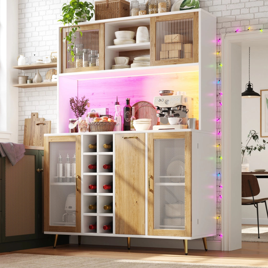 Credenza con illuminazione LED; portabottiglie e presa integrata in MDF bianco e naturale