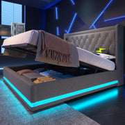 DESMIU Lit coffre 140 × 200 cm 2 posti con USB, Type-C, LED 3 lati, senza materasso, in cotone, grigio