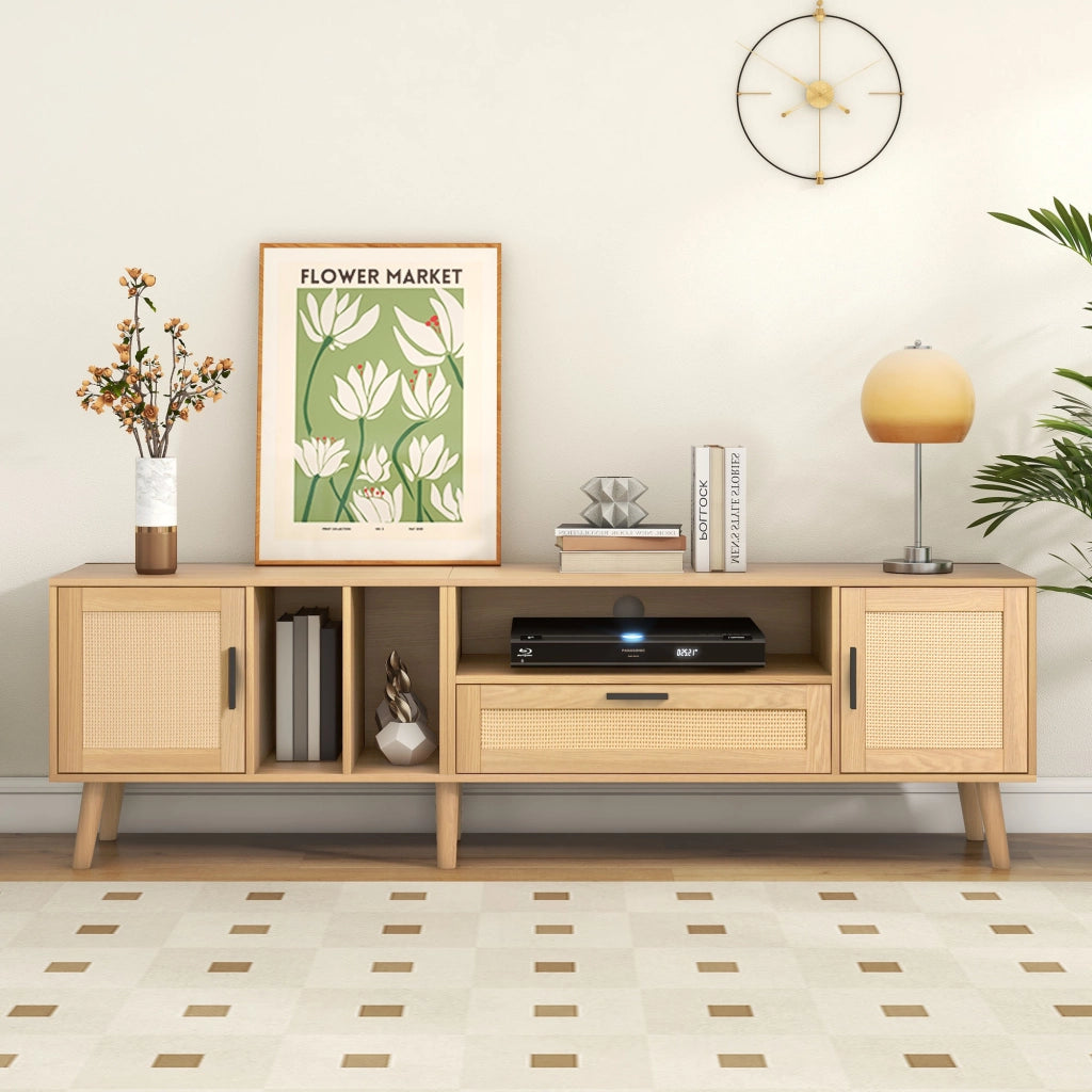 Mobile TV 180 cm in finitura legno con dettagli in rattan, 2 ante, 1 cassetto e gestione cavi per TV fino a 80 pollici