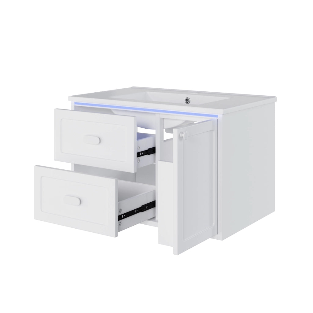 Mobile sottolavabo LED con 2 cassetti e 1 anta; sensore radar; in ceramica e MDF bianco; 76 × 46 × 51 cm