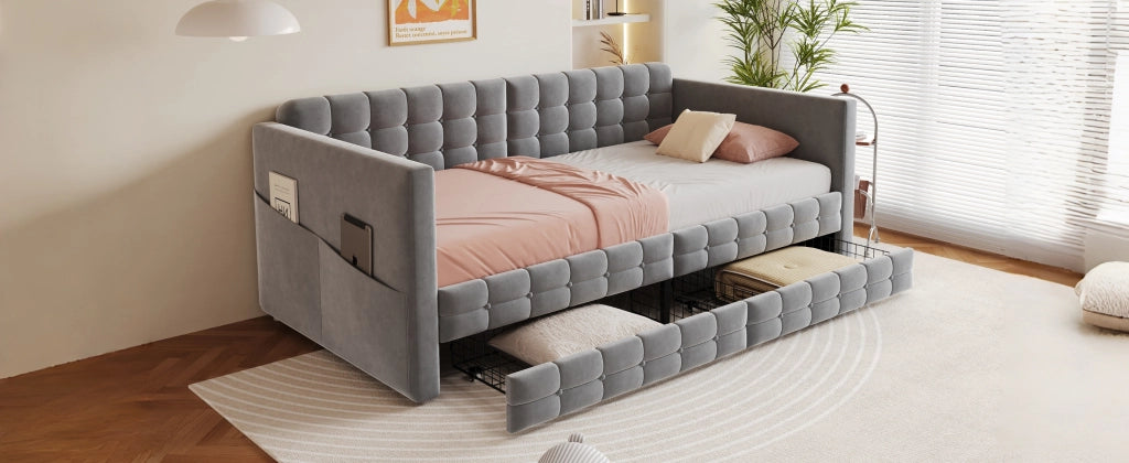 DESMIU Lit simple 90 × 190 cm 1 posto con 2 cassetti, tasche laterali, senza materasso, in velluto, grigio