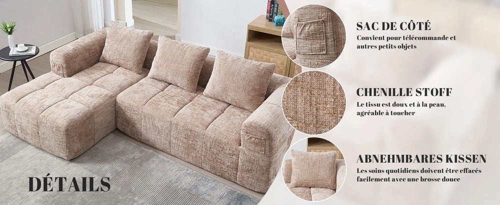 Divano angolare 3 posti con chaise longue e braccioli ¨C Minimal ¨C tessuto chenille khaki con 3 cuscini e tasca laterale