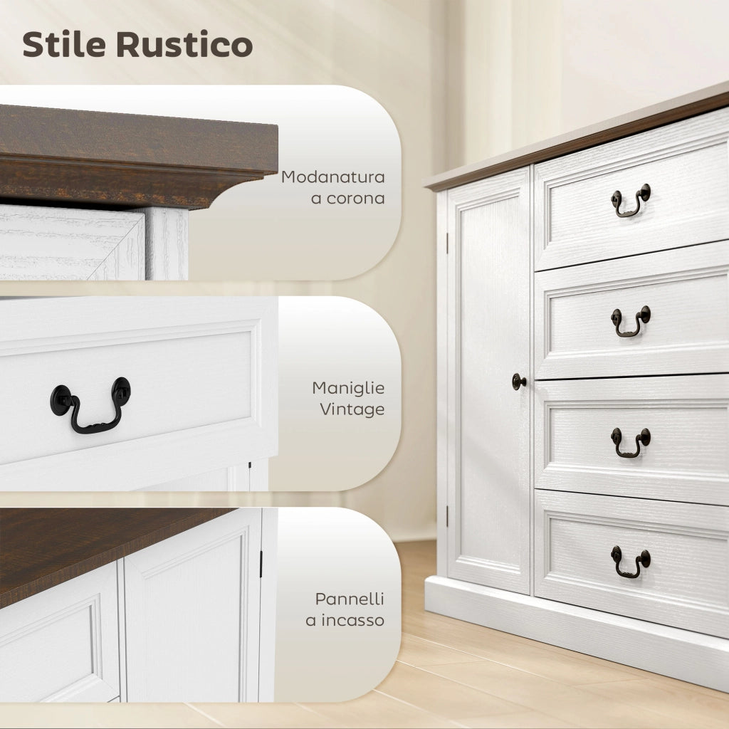 Credenza da Cucina Stile Vintage 147x40x87 cm con 4 Cassetti e 2 Armadietti con Mensole Regolabili Legno Bianco