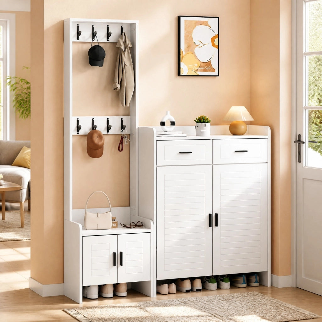 Mobile ingresso bianco 125 x 36 x 165 cm con 2 cassetti, 2 ante, 6 ripiani e 8 ganci
