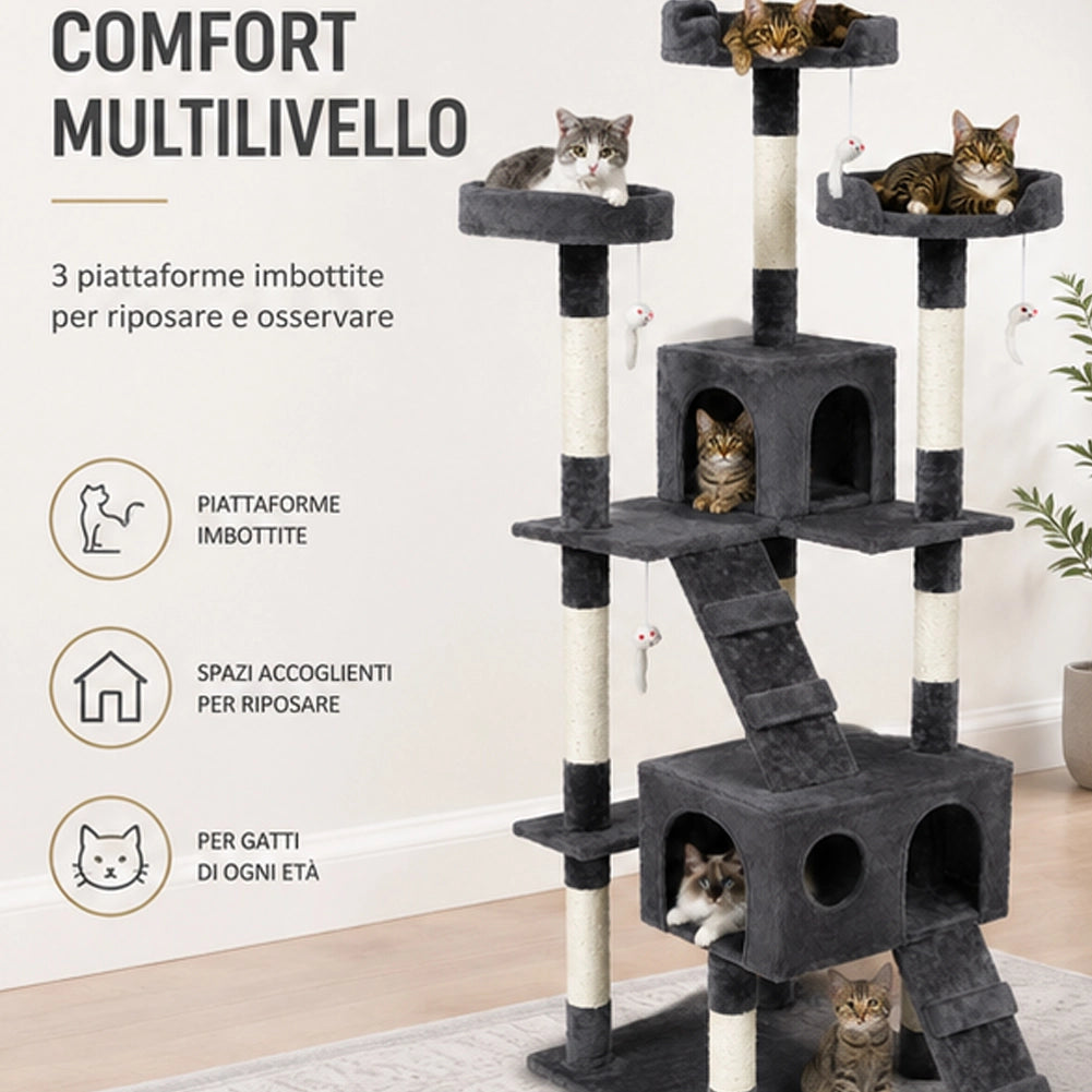 Tiragraffi per Gatti Albero Sisal Parco Giochi Gatto Tira Graffi Alto 170cm Grey