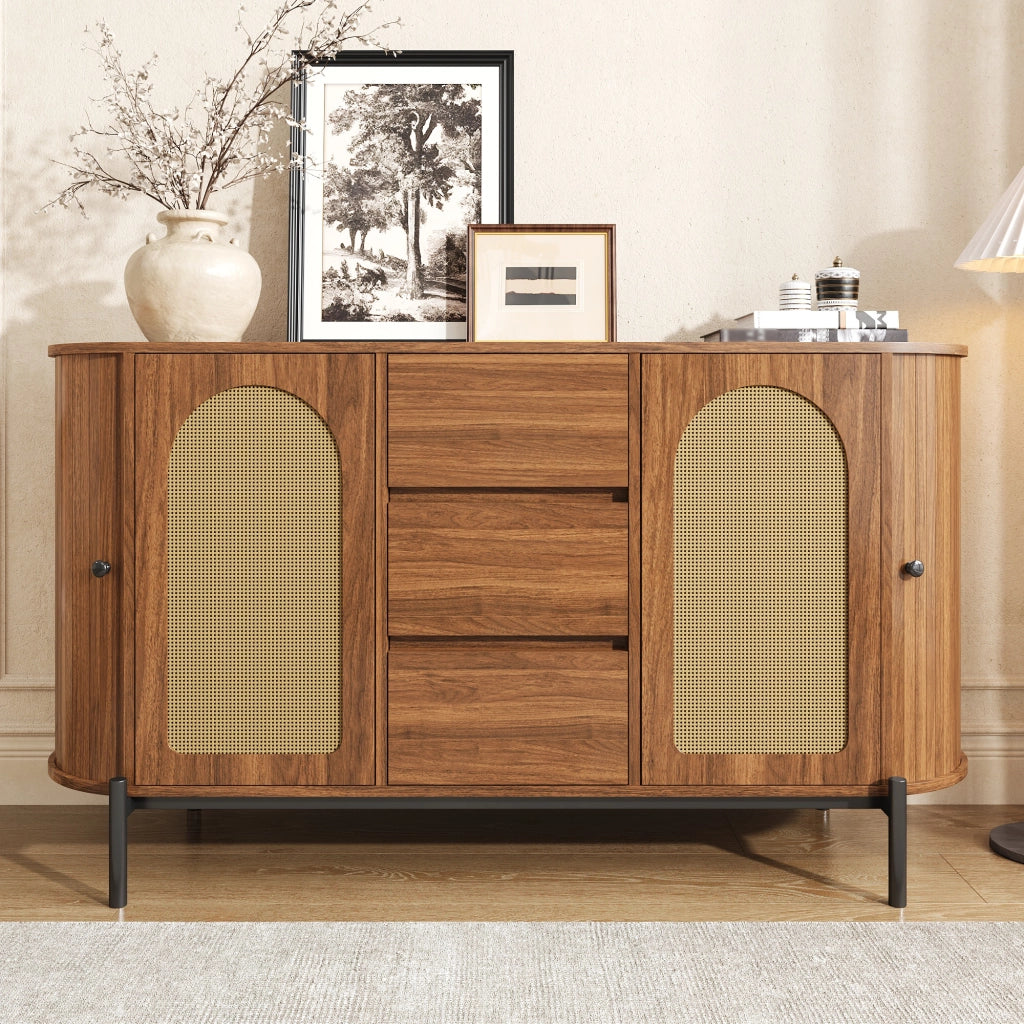 Credenza Ovale con Ante Scorrevoli, Cassetti e Ripiani ¨C Xylo ¨C Effetto Legno, Gambe in Metallo