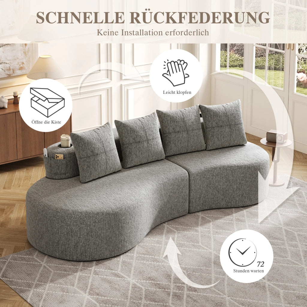 Divano con tasche laterali e portabicchieri 4 cuscini in tessuto di lino grigio chiaro 240 × 109 × 60 cm