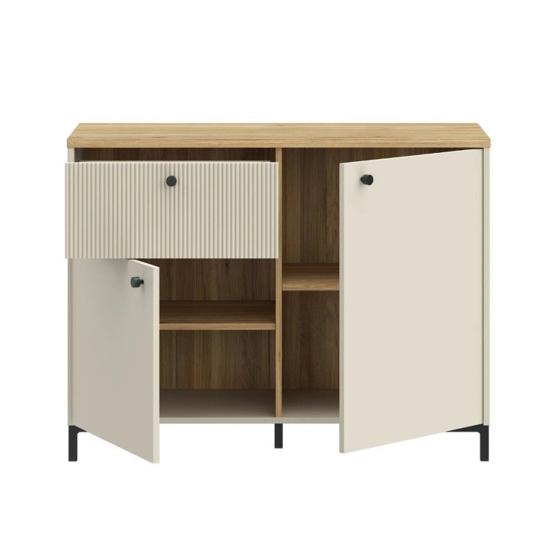 Madia Unit 2 ante e 1 cassetto cannettato L 103.1 x P 41.9 x H 79 cm. colore cashmere con top rovere