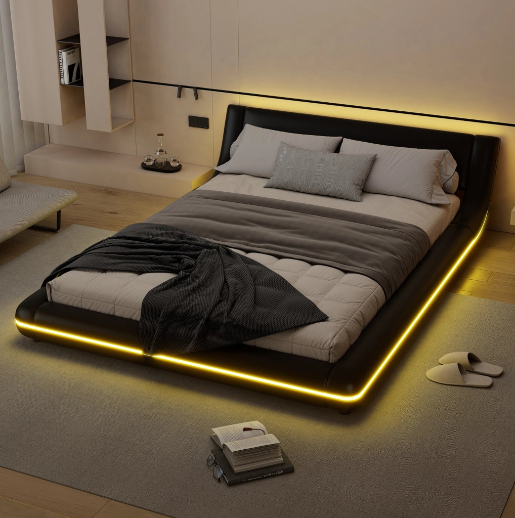 Letto a pavimento 140x200 cm con LED; PU e MDF nero