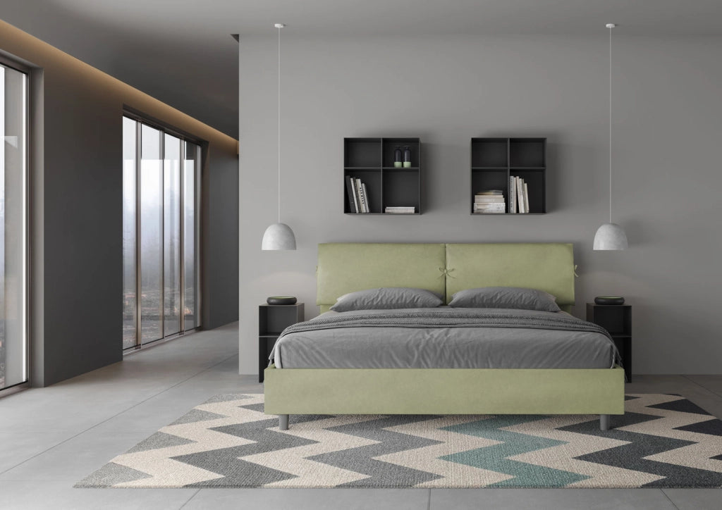 Letto Matrimoniale King Size 180x210 cm con Rete e Contenitore Testata con Cuscini Imbottito in Microfibra Mados Tè