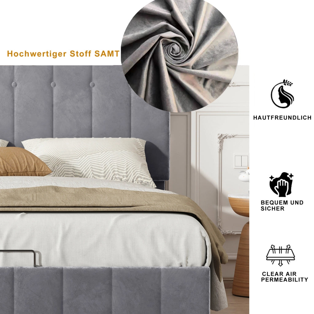 Letto matrimoniale imbottito 140x200 cm con contenitore; meccanismo idraulico e velluto grigio