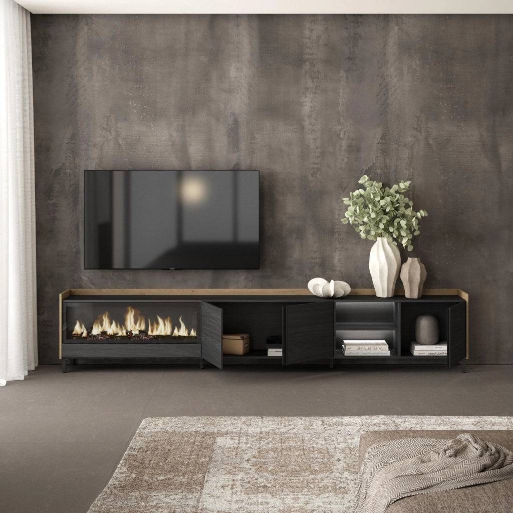 Mobile TV Soggiorno, 315x61x35 cm, Per TV fino a 80", Camino elettrico XXL, Design industriale, LED, Nero e rovere