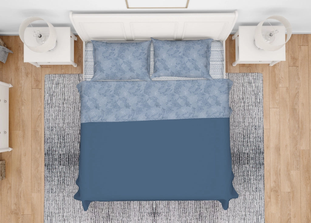 Completo Lenzuola Letto In 100% Cotone Made Italy Disegno Lily - Singolo - Blu