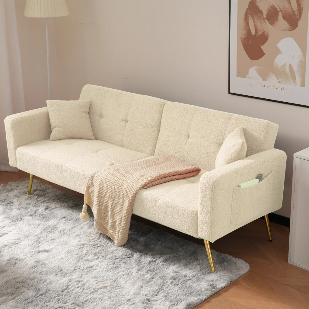 Divano Letto 2 Posti con Schienale Regolabile e Tasche Laterali Comfort in Schiuma ad Alta Densità in Tessuto Beige