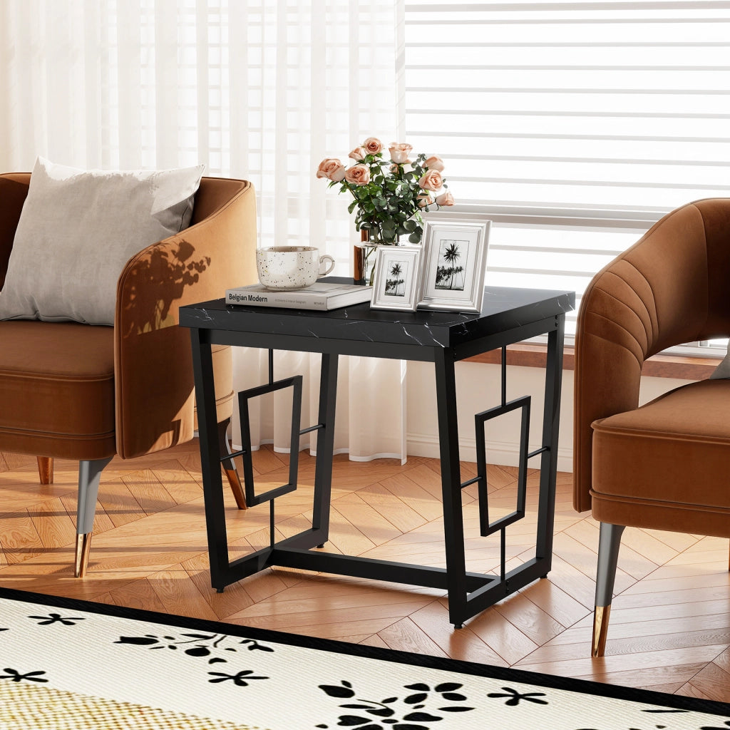 Tavolino quadrato marmo sintetico piano metallo struttura solida-Tavolino caffè comodino base H moderno camera letto soggiorno