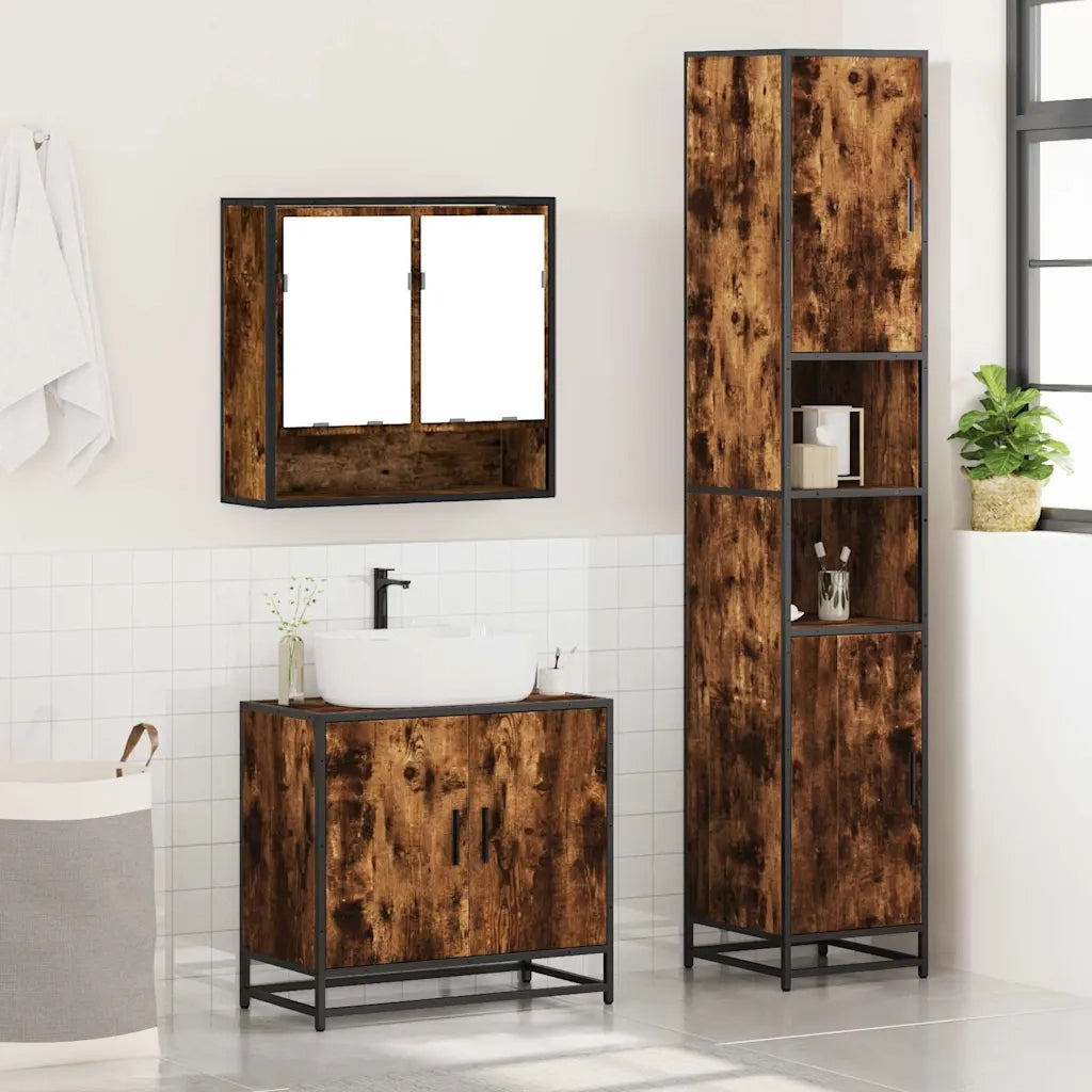 Set Mobili da Bagno 3 pz Rovere Fumo in Legno Multistrato 3301097