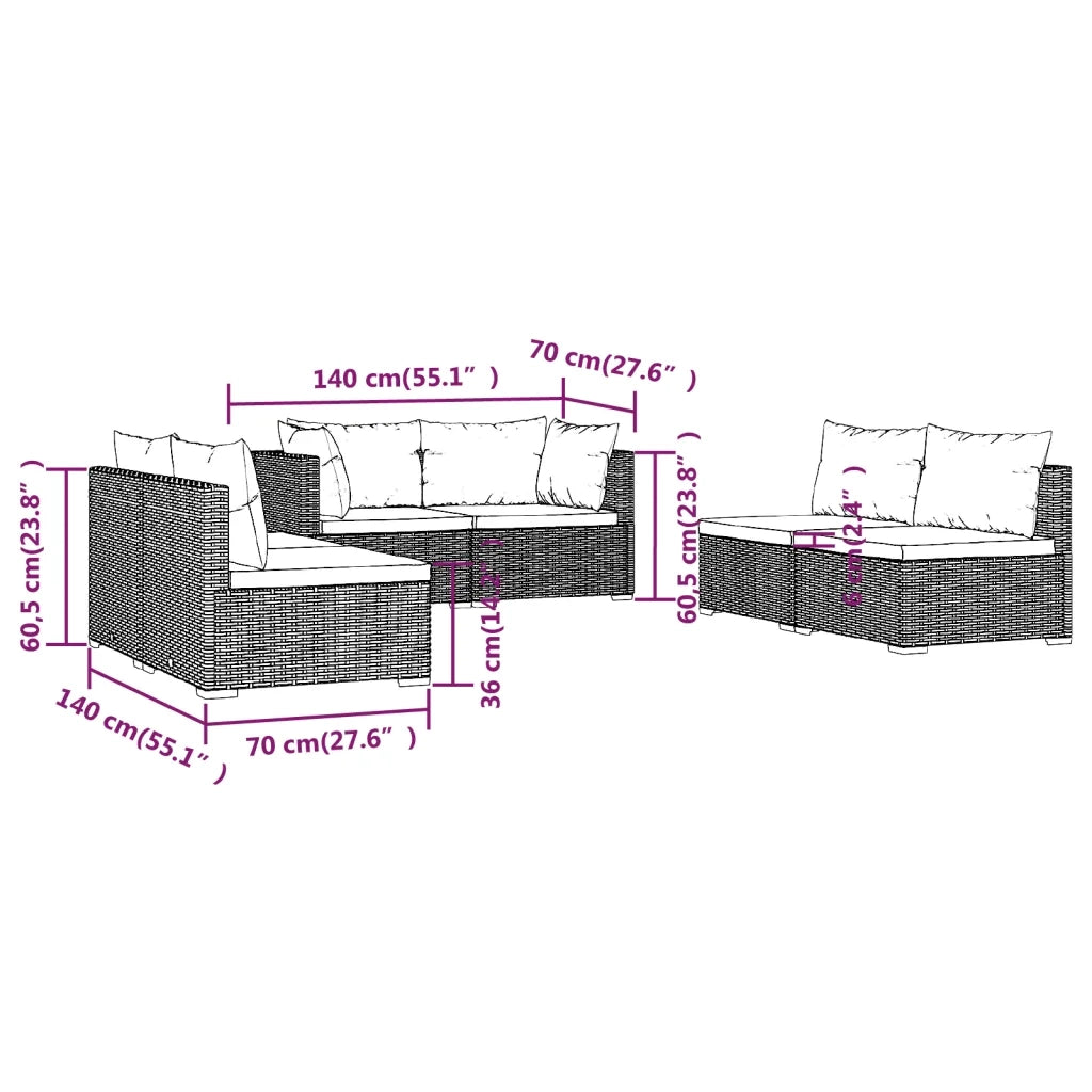 Set Divani da Giardino 6 pz con Cuscini in Polyrattan Marrone cod mxl 35893