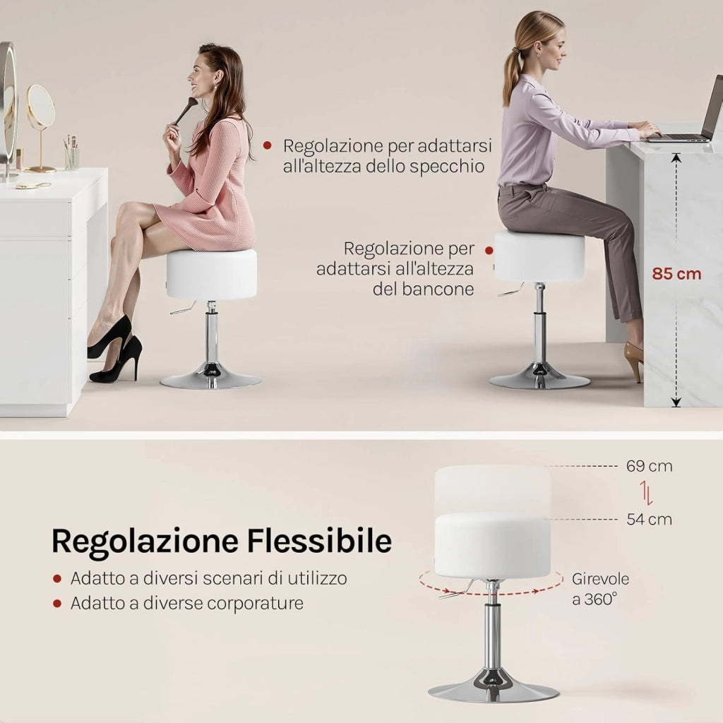 Sgabello da Trucco Rotondo Girevole Regolabile in Altezza, Sgabello Imbottito per Toeletta, Sedia da Cucina in Pelle Sintetica, Altezza Seduta 54-69 cm, Bianco, BH14ws-1
