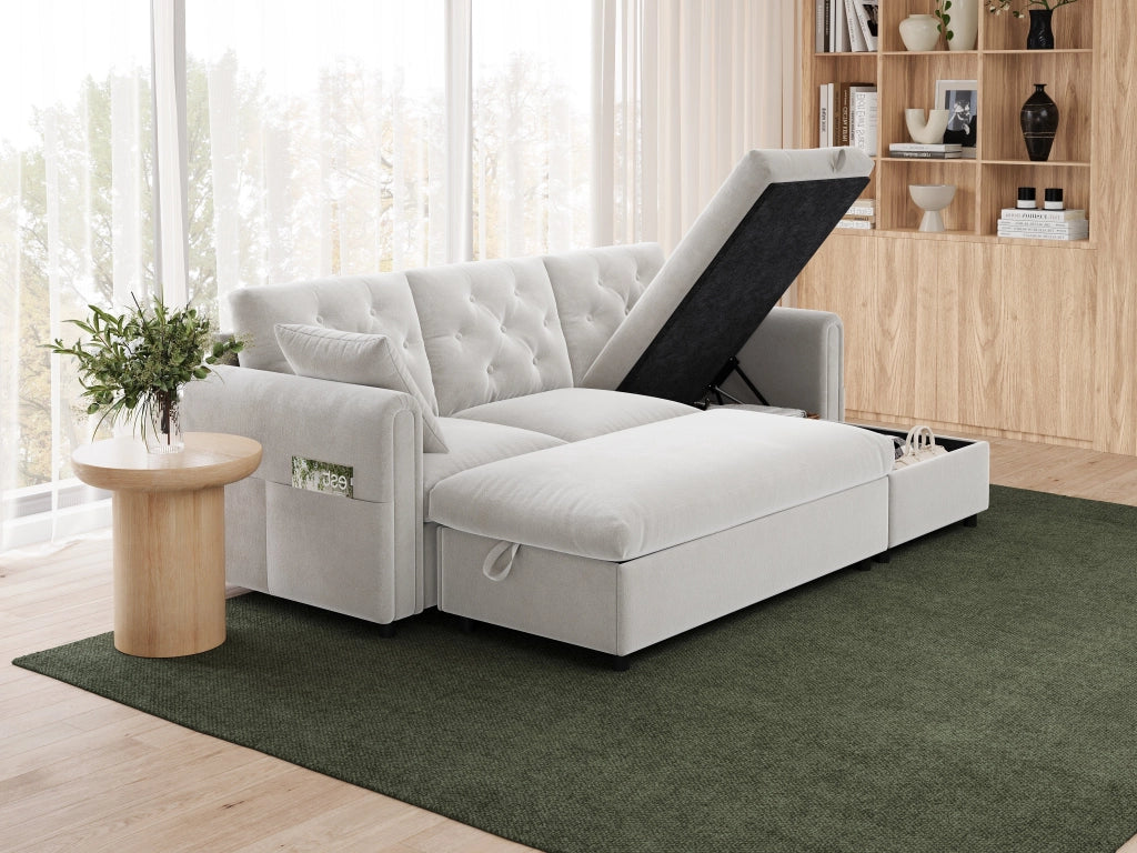 Divano in velluto beige con chaise longue reversibile, pouf contenitore e funzione letto temporanea