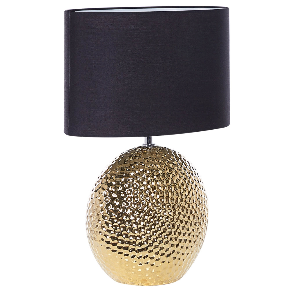 Lampada da Tavolo dorato e Nero Ceramica Base Lucida Paralume Tamburo in Poliestere Design Glamdoratous