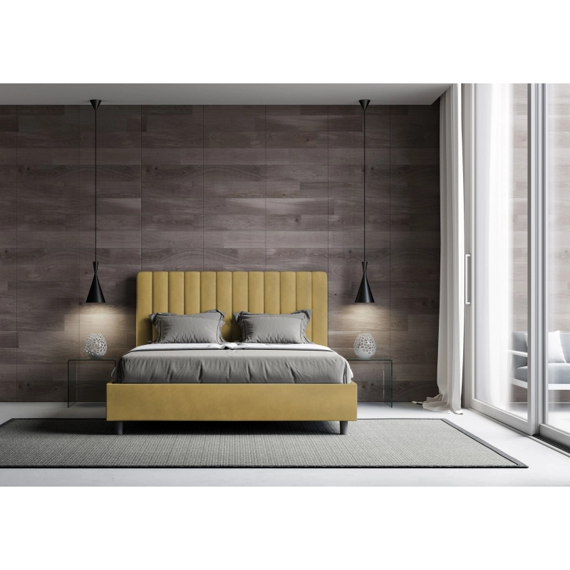 Letto imbottito Matrimoniale francese 140x210 cm Agueda - Contenitore,Microfibra,Ocra