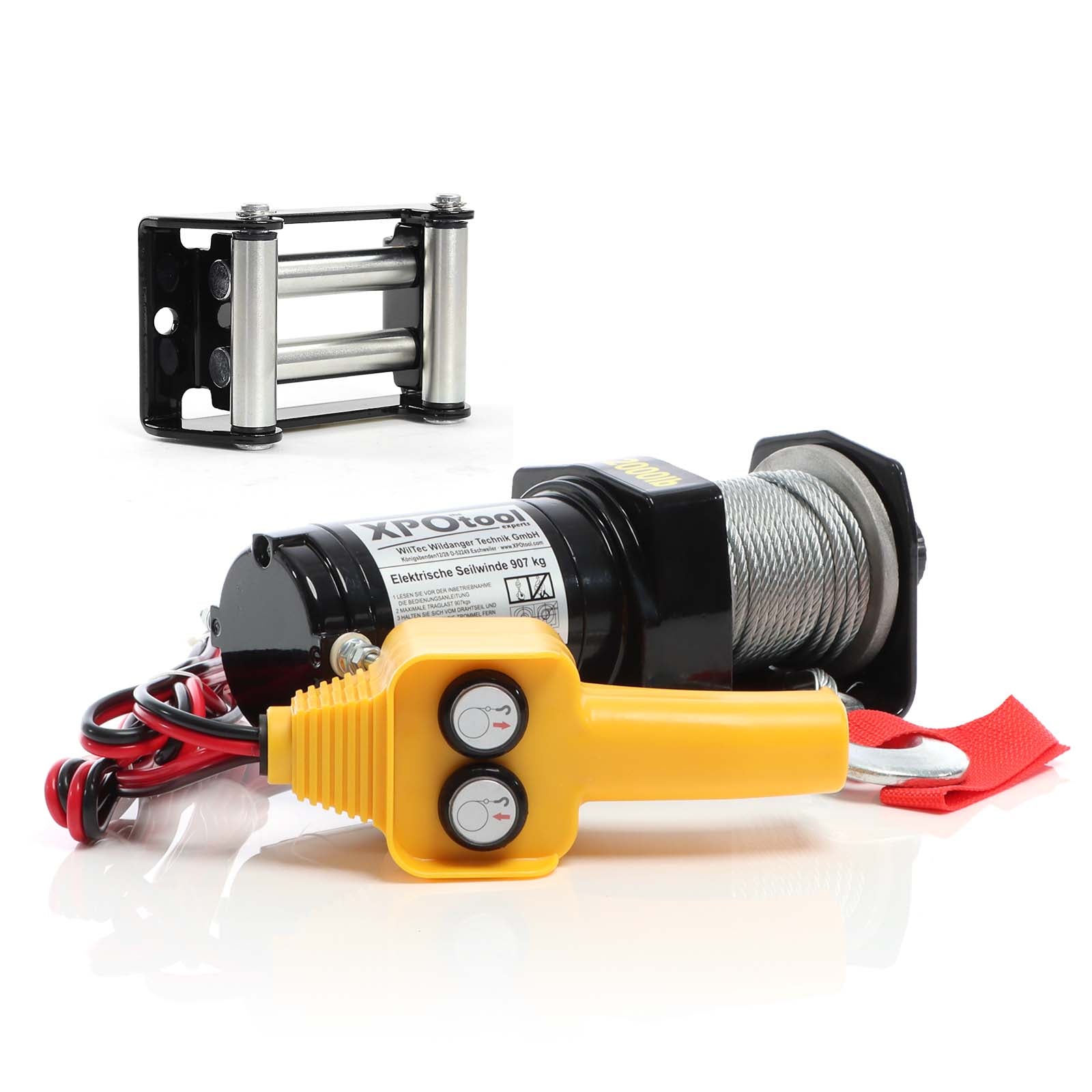 Set Argano elettrico 907kg 12V con fune d'acciaio 12,5m 1CV e guida a rulli da 907-1587kg