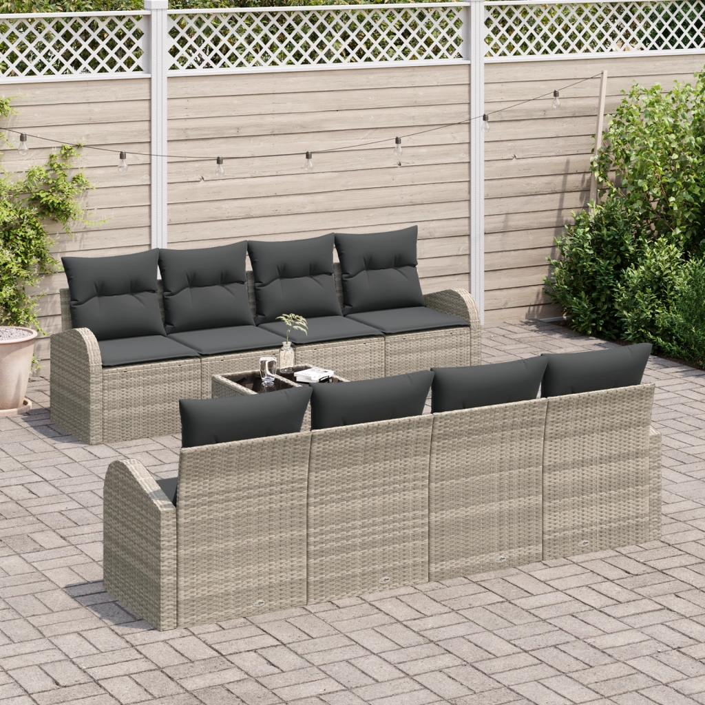 Set da giardino di 9 pezzi con cuscini grigio chiaro in polyrattan